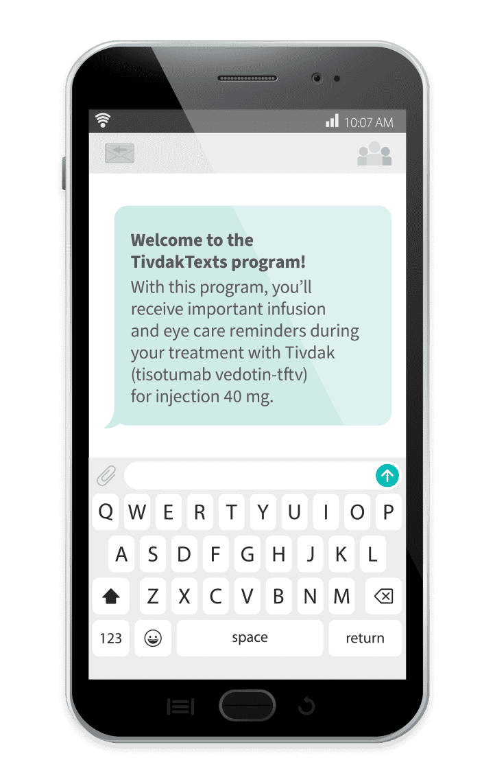Cell phone showing a text message. The text message reads: Welcome to the Demo (demo vid-ttdd)Text program! With this program, you’ll receive important infusion and eye care reminders during your treatment with Demo (demo vid-ttdd) (demo vid-ttdd) for injection 40mg